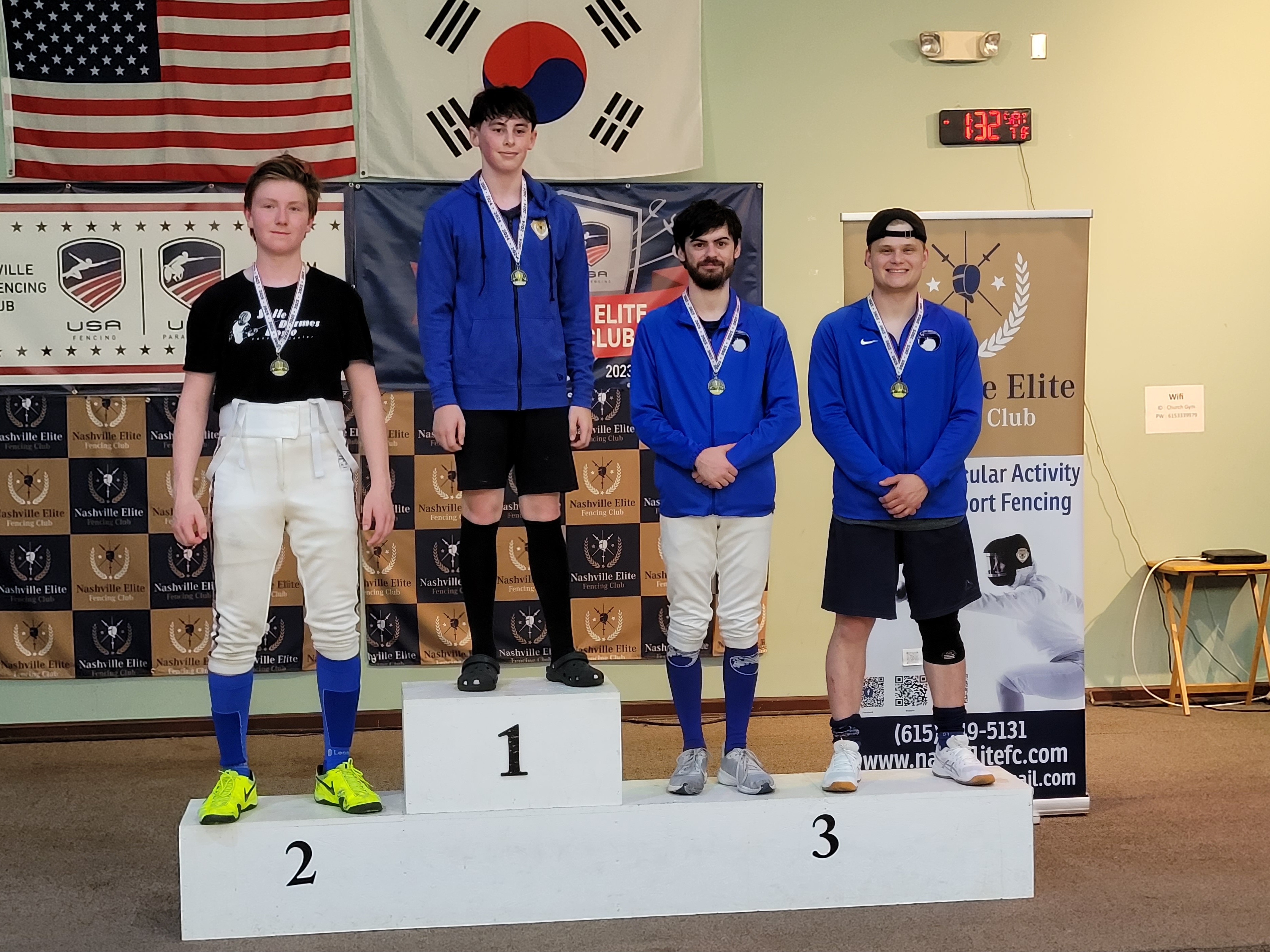 Gabriel Marisi celebrating his silver medal and D25 ranking achievement at his first epee tournament, Nashville Elite Fencing Club Spring Challenge in Tennessee